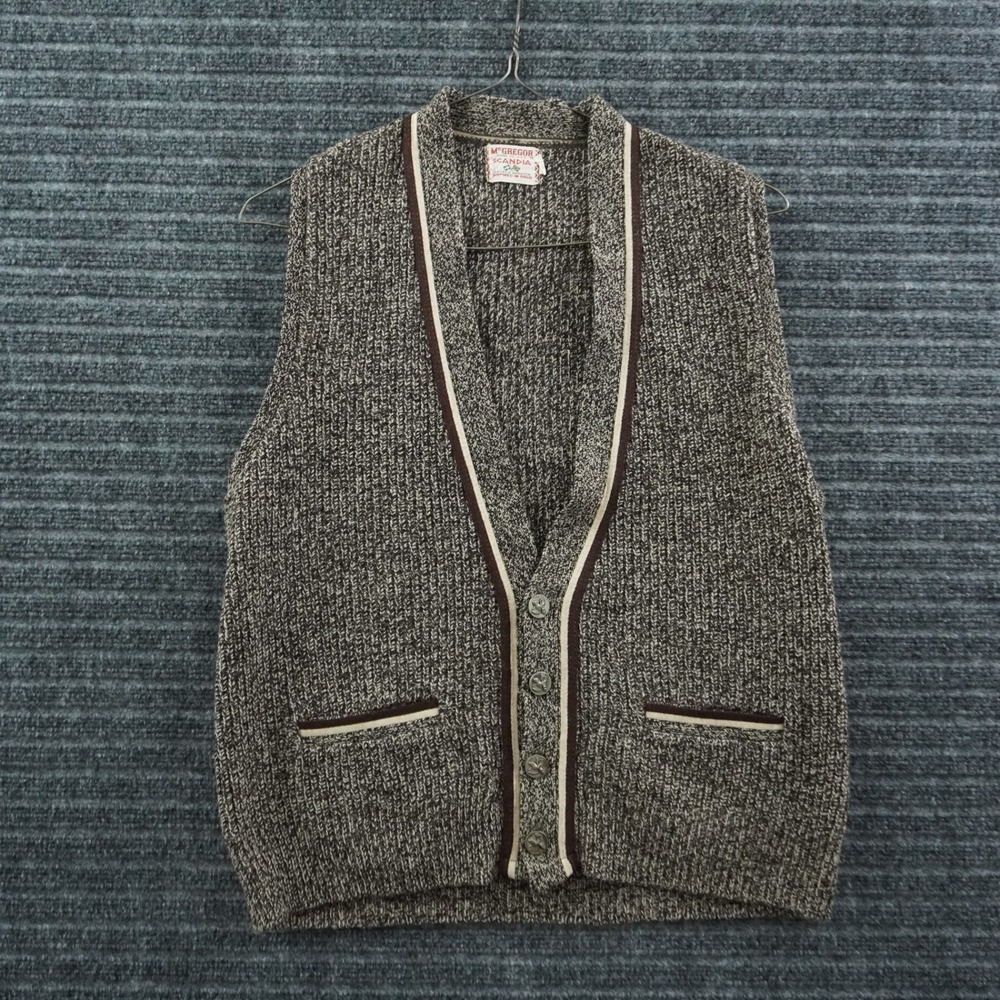Vintage 60s McGregor Scandia Sweater Vest L Brown Marled Knit Button V-Neck
